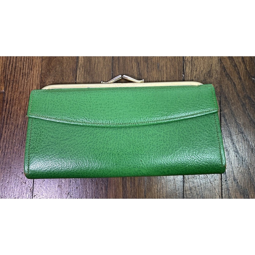 vintage Baronet green leather clutch wallet Genuine Cow Hide KISS Lock Clousure